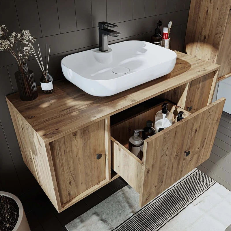 Roomart 4-teiliges Badmöbel-Set GUSTO, 120 cm, mit ovalem Waschbecken und Hochschrank, in 2 Farben