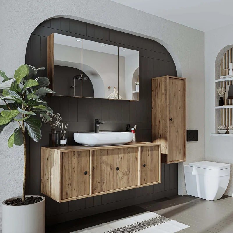 Roomart 4-teiliges Badmöbel-Set GUSTO, 120 cm, mit ovalem Waschbecken und Hochschrank, in 2 Farben