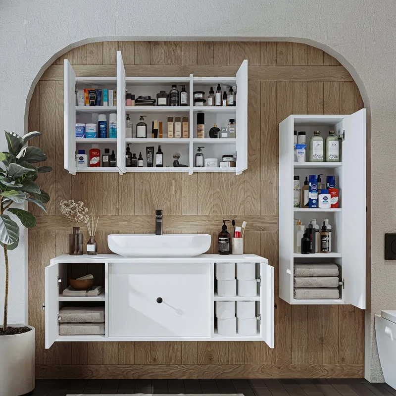 Roomart 4-teiliges Badmöbel-Set GUSTO, 120 cm, mit ovalem Waschbecken und Hochschrank, in 2 Farben