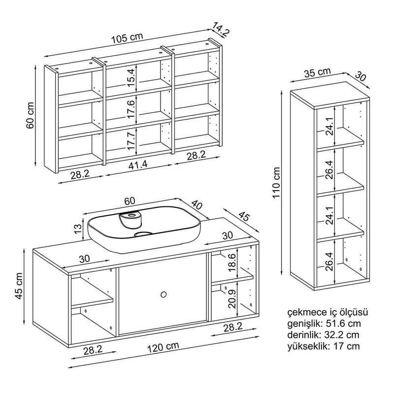 Roomart 4-teiliges Badmöbel-Set GUSTO, 120 cm, mit ovalem Waschbecken und Hochschrank, in 2 Farben