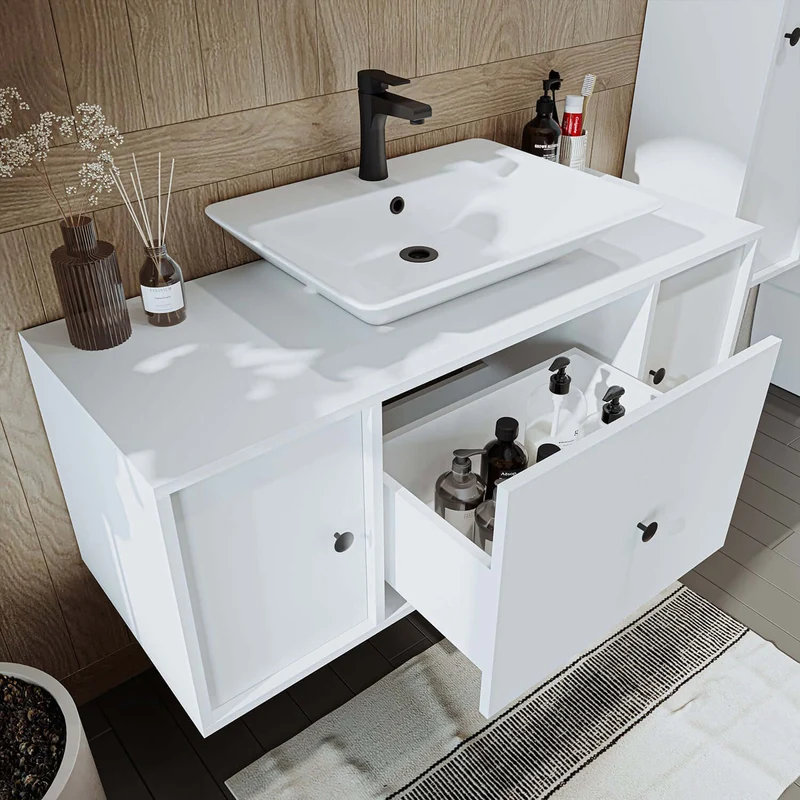 Roomart 4-teiliges Badmöbel-Set GUSTO-ATL, 120 cm, mit eckigem Waschbecken und Hochschrank, in 2 Farben