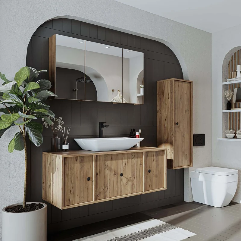 Roomart 4-teiliges Badmöbel-Set GUSTO-ATL, 120 cm, mit eckigem Waschbecken und Hochschrank, in 2 Farben