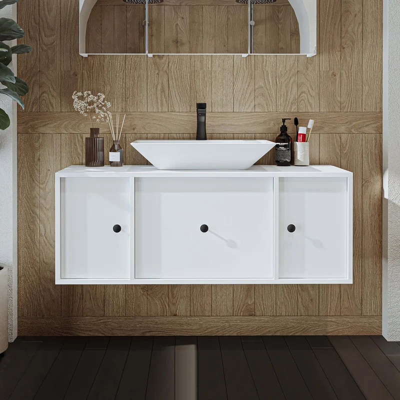 Roomart 4-teiliges Badmöbel-Set GUSTO-ATL, 120 cm, mit eckigem Waschbecken und Hochschrank, in 2 Farben
