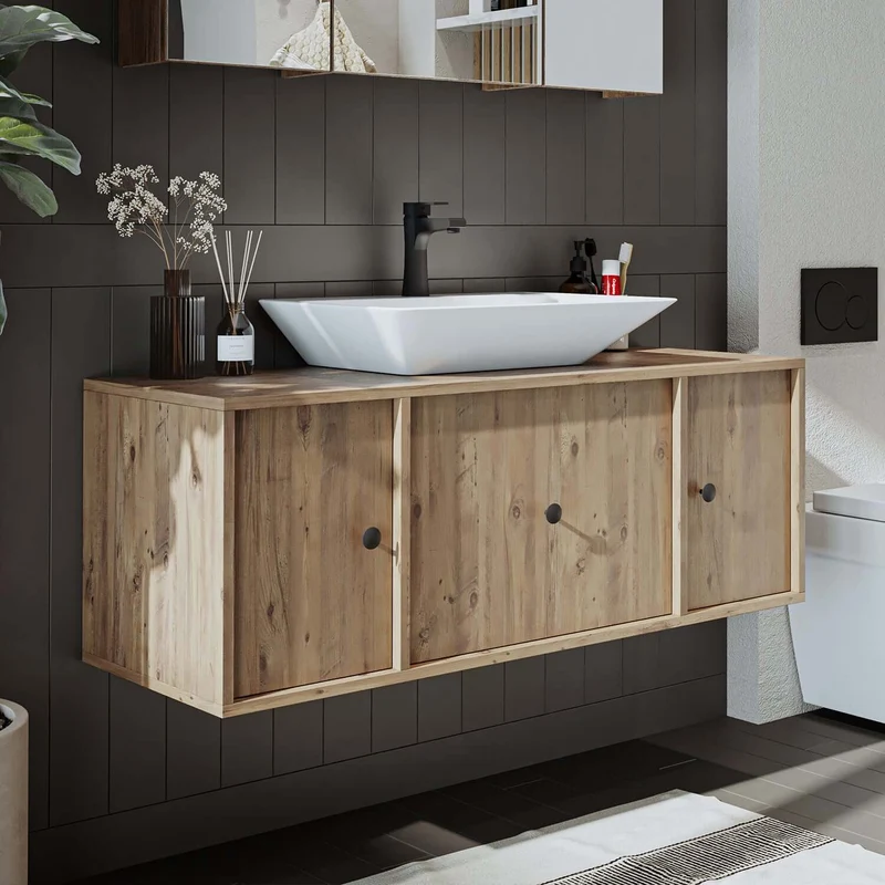 Roomart 4-teiliges Badmöbel-Set GUSTO-ATL, 120 cm, mit eckigem Waschbecken und Hochschrank, in 2 Farben