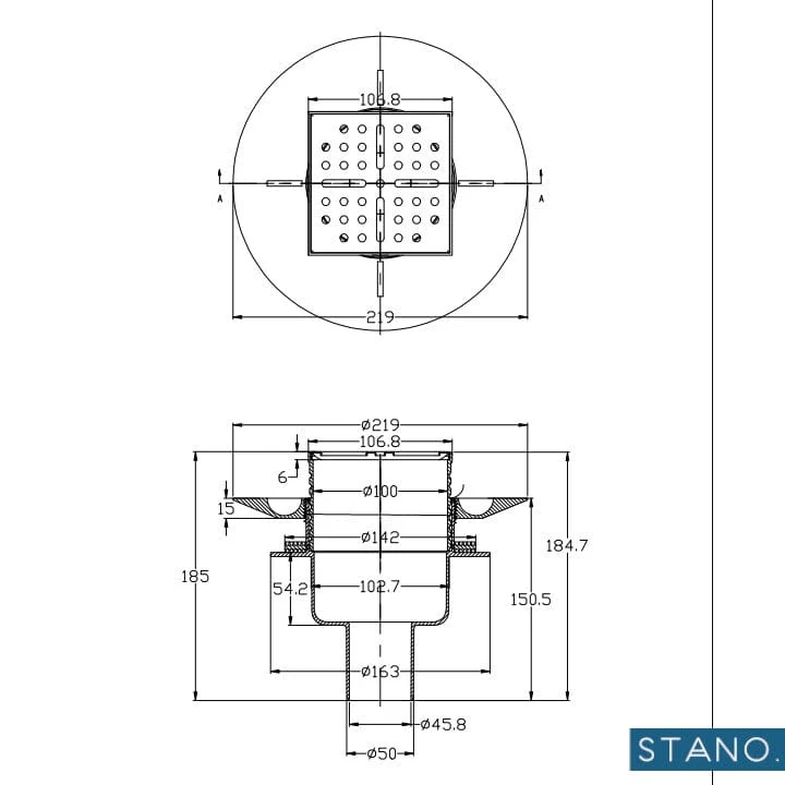 Quadratischer Ablauf für befliesbare Duschwannensysteme DINO Ø90 vertikal