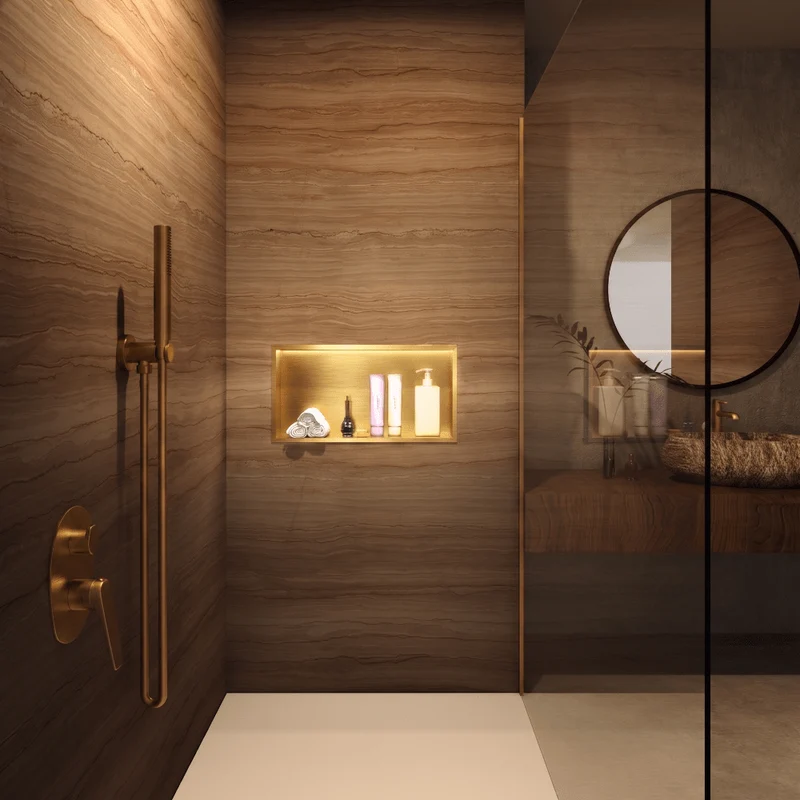 Wandnische Dusche OCEANIC mit LED gebürstetes gold