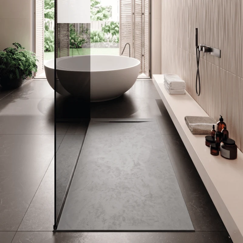 Mineralguss-Duschwanne extra flach Spachteloptik KORAL grau