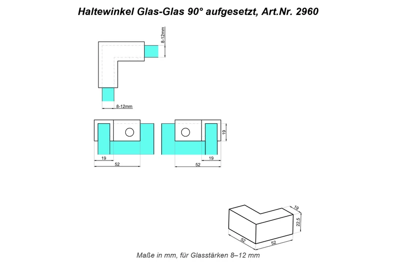 Haltewinkel als Eckverbinder Glas-Glas 90° für feststehende Scheiben, ohne Glasbohrung, 2 Oberflächen, Art.Nr. 2960