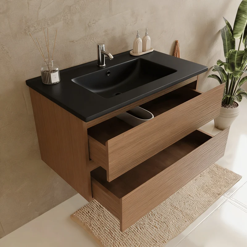 MARENZA Warm Eiken - Wastafel Zwart - 80cm