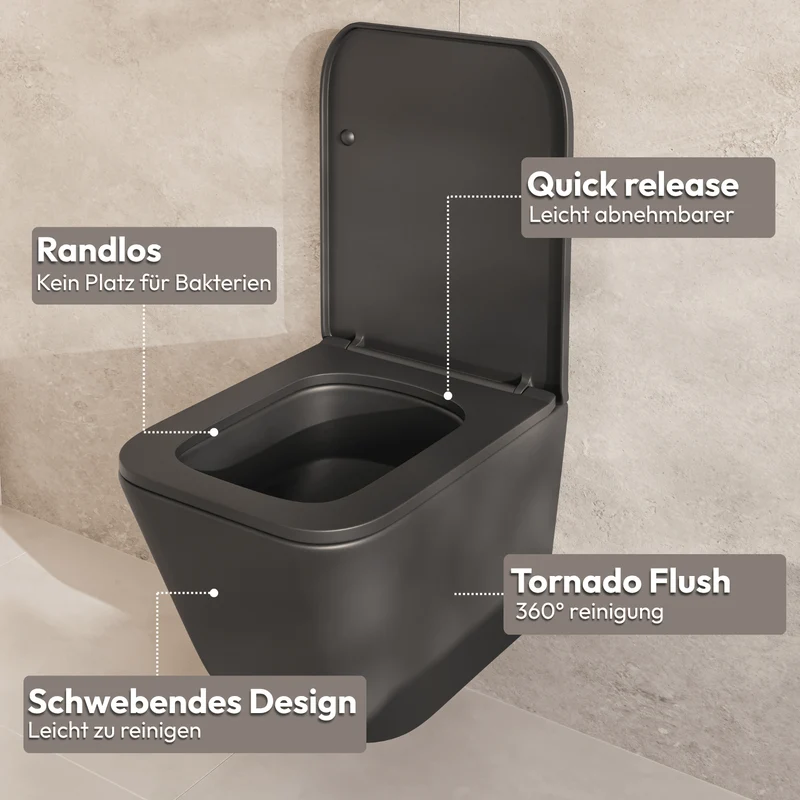 LINEA Hangend Toilet - Zwart - Vierkant
