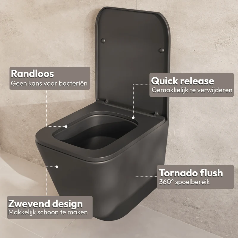 LINEA Hangend Toilet - Zwart - Vierkant