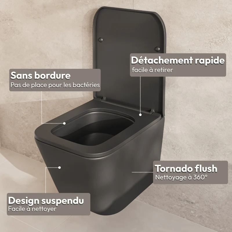 LINEA Hangend Toilet - Zwart - Vierkant