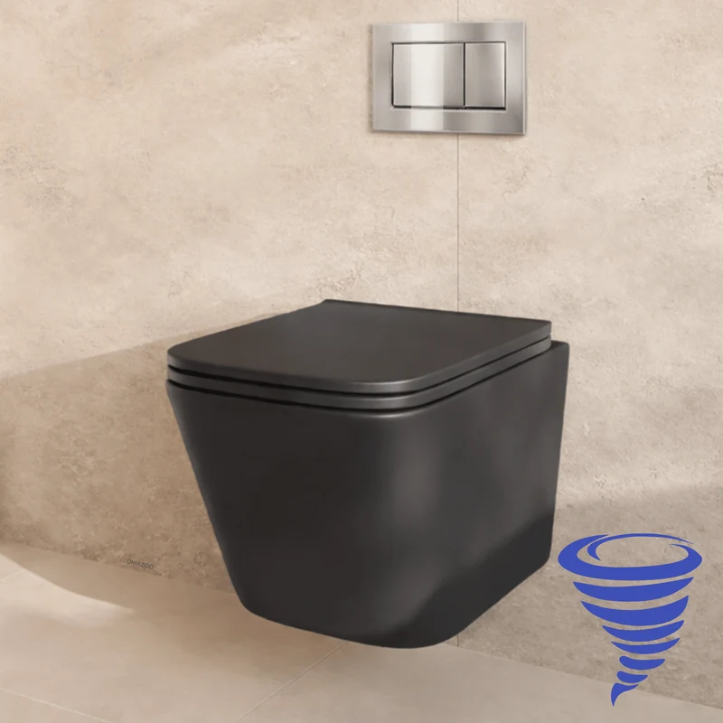 Hangtoilet met Inbouwreservoir - Vierkant Zwart - Drukplaat Vierkant Chroom - Linea