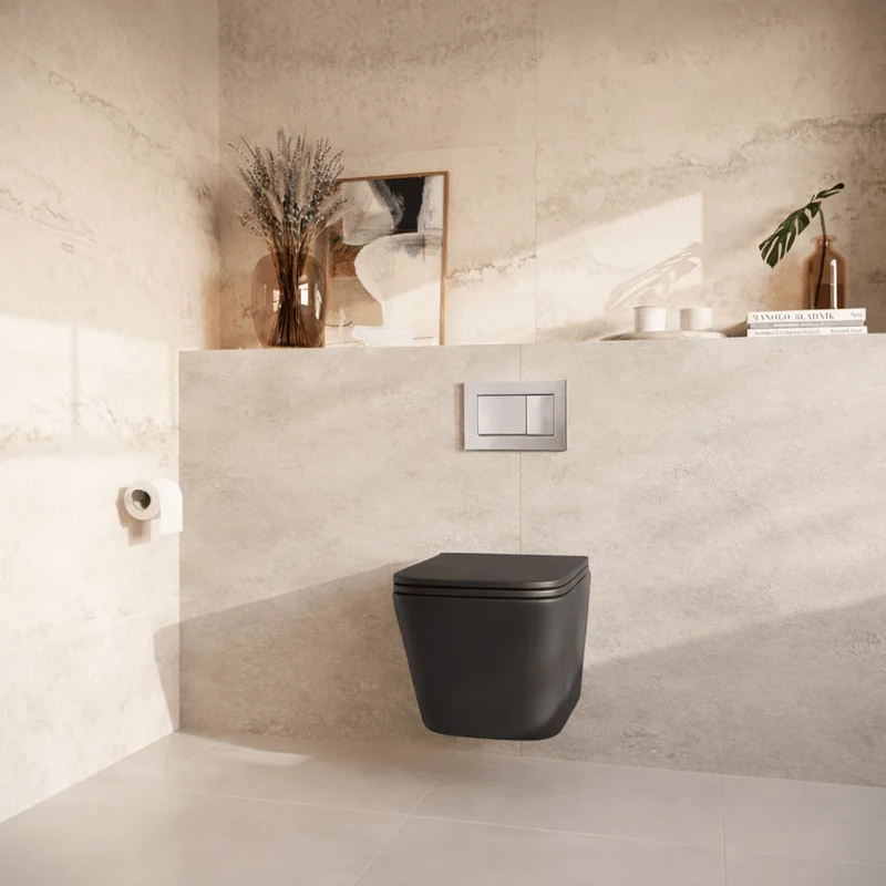 Hangtoilet met Inbouwreservoir - Vierkant Zwart - Drukplaat Vierkant Chroom - Linea