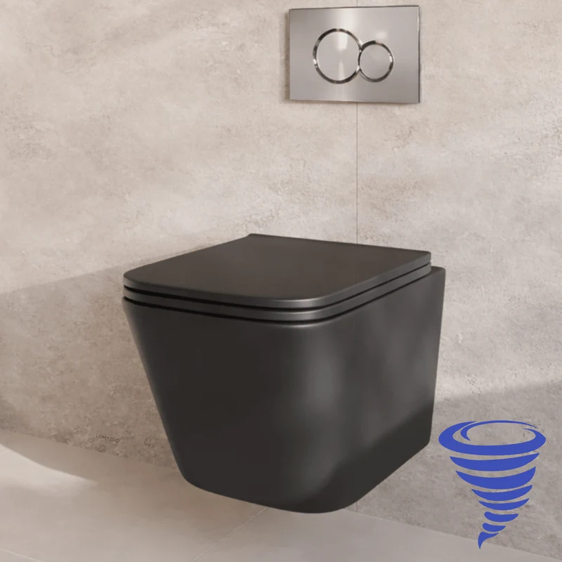 Hangtoilet met Inbouwreservoir - Vierkant Zwart - Drukplaat Rond Chroom - Linea
