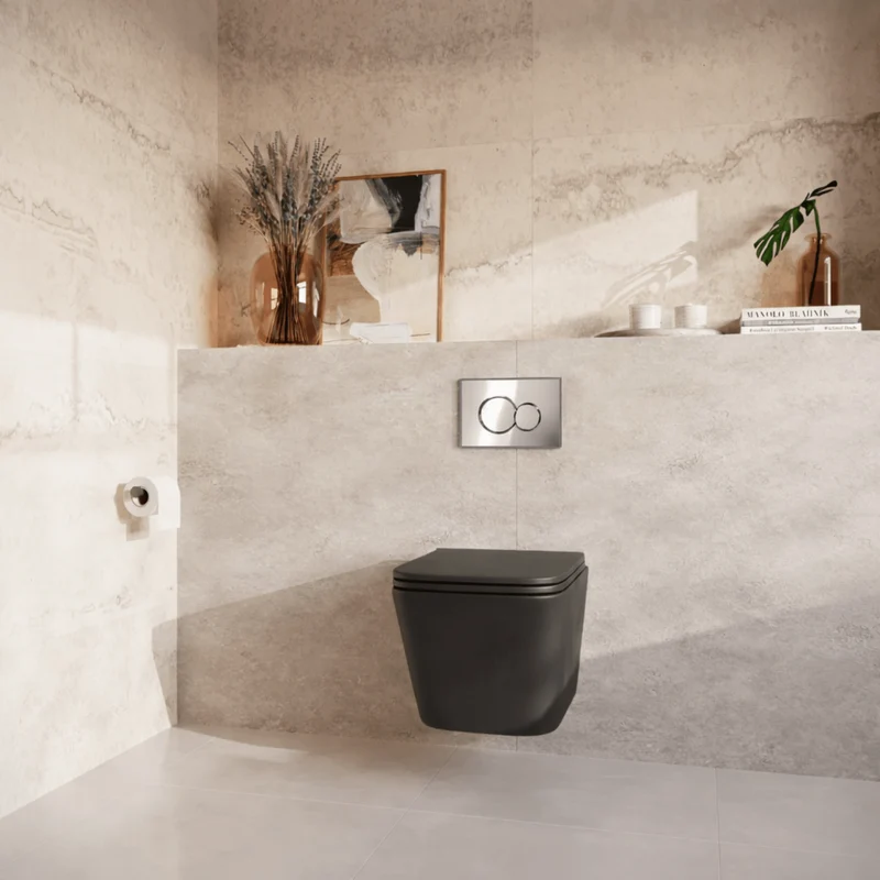 Hangtoilet met Inbouwreservoir - Vierkant Zwart - Drukplaat Rond Chroom - Linea