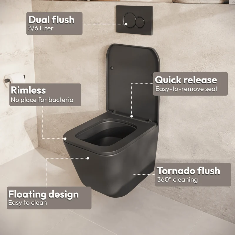 Hangtoilet met Inbouwreservoir - Vierkant Zwart - Drukplaat Rond Chroom - Linea