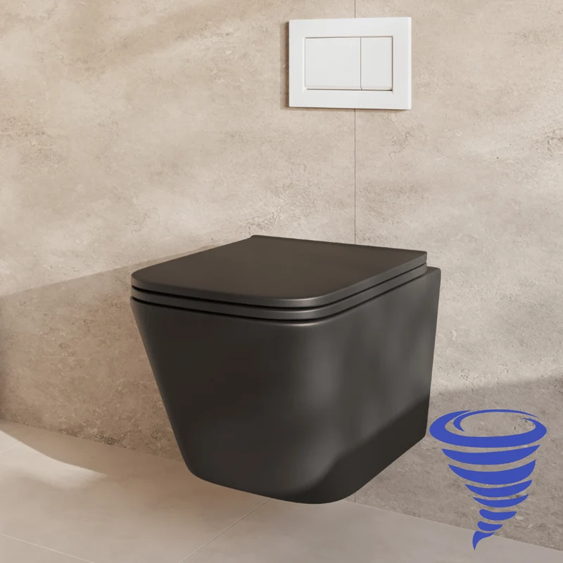Hangtoilet met Inbouwreservoir - Vierkant Zwart - Drukplaat Vierkant Wit - Linea