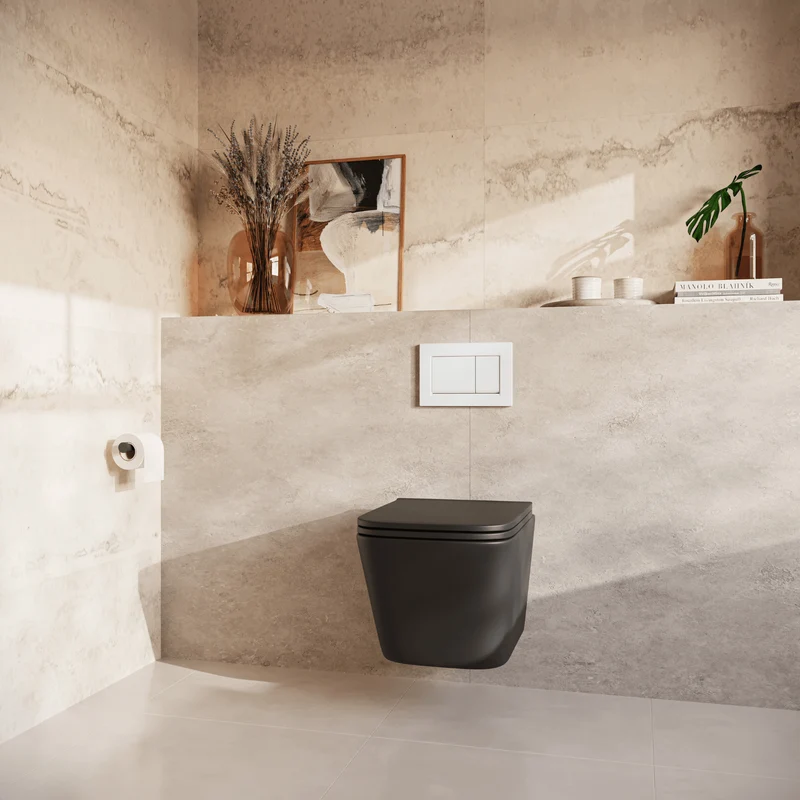 Hangtoilet met Inbouwreservoir - Vierkant Zwart - Drukplaat Vierkant Wit - Linea
