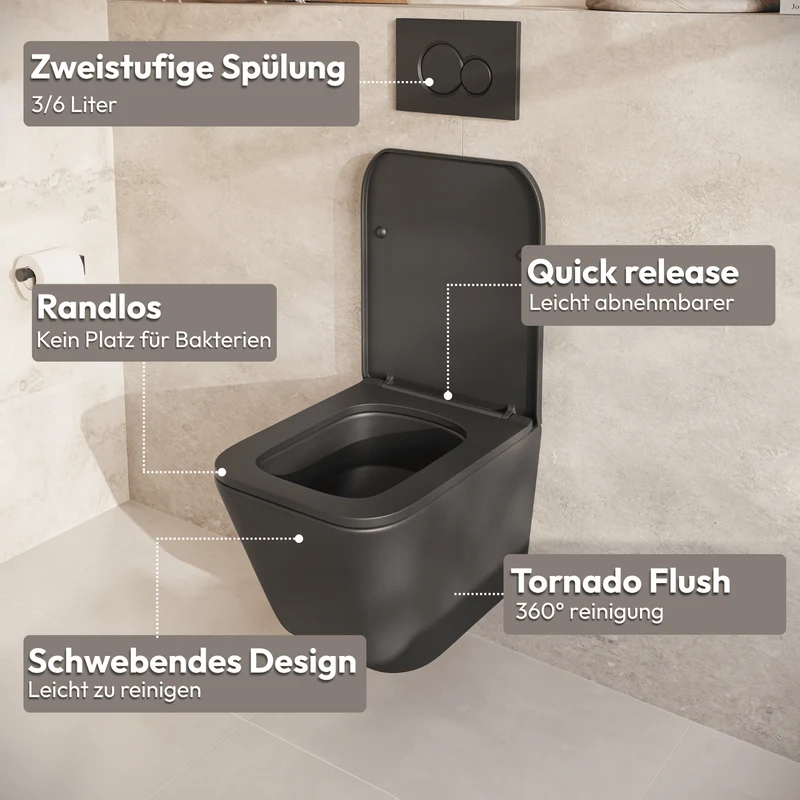 Hangtoilet met Inbouwreservoir - Vierkant Zwart - Drukplaat Vierkant Wit - Linea