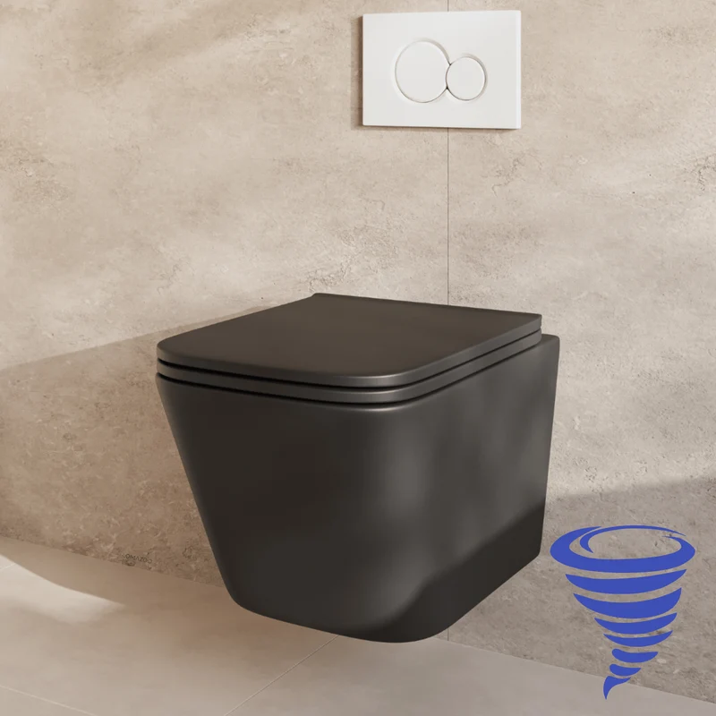Hangtoilet met Inbouwreservoir - Vierkant Zwart - Drukplaat Rond Wit - Linea