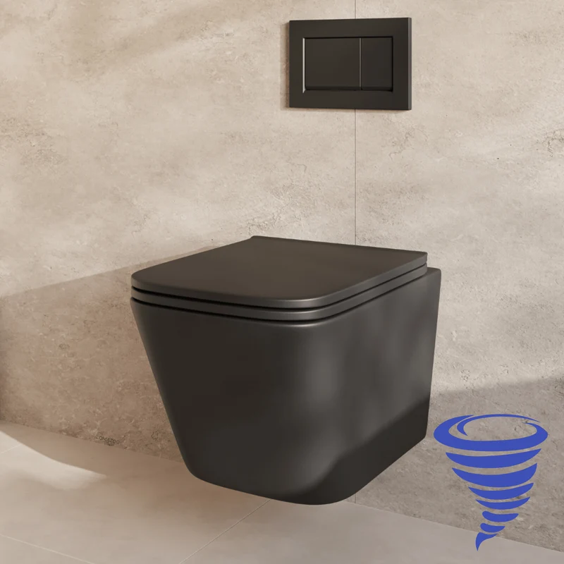 Hangtoilet met Inbouwreservoir - Vierkant Zwart - Drukplaat Vierkant Zwart - Linea