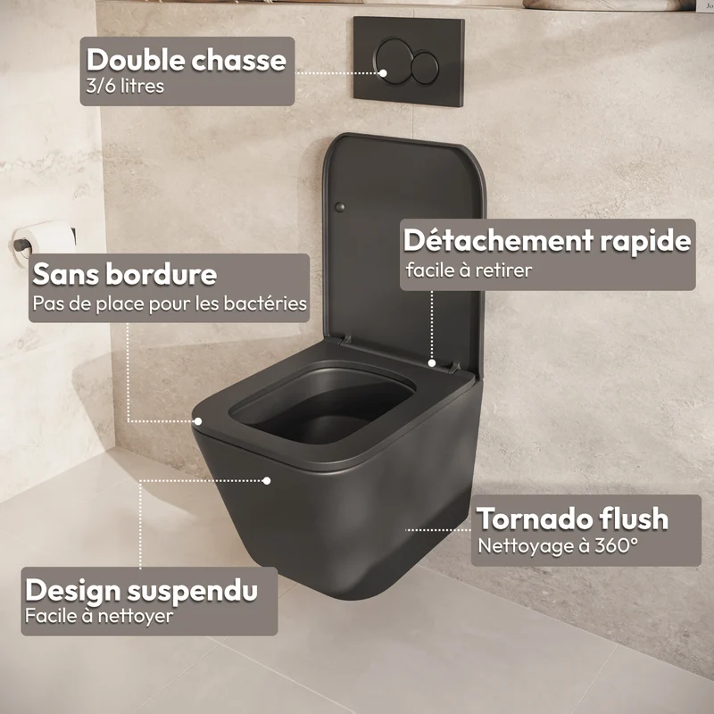 Hangtoilet met Inbouwreservoir - Vierkant Zwart - Drukplaat Vierkant Zwart - Linea