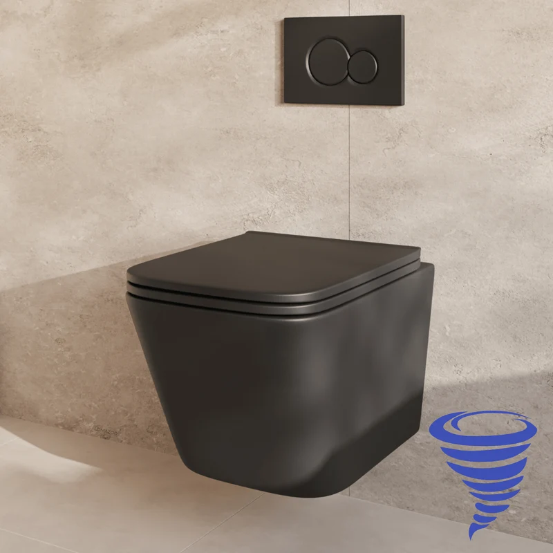 Hangtoilet met Inbouwreservoir - Vierkant Zwart - Drukplaat Rond Zwart - Linea