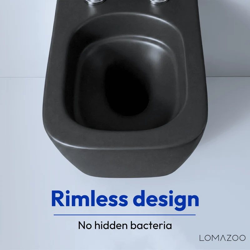 Hangtoilet met Inbouwreservoir - Vierkant Zwart - Drukplaat Rond Zwart - Linea