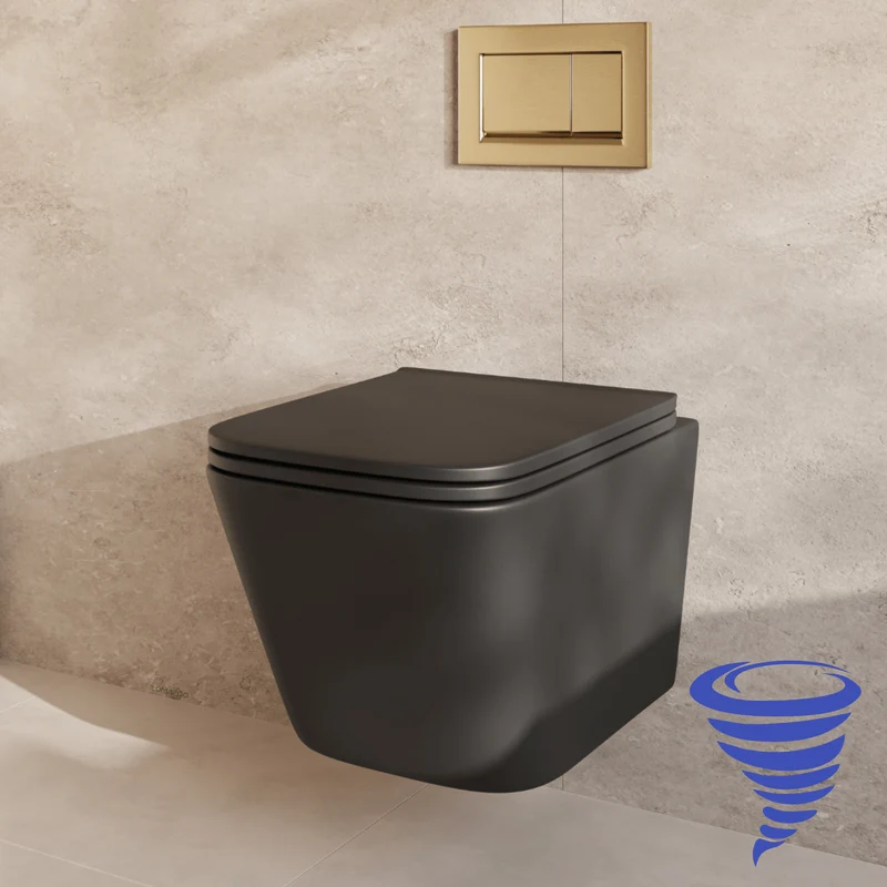 Hangtoilet met Inbouwreservoir - Vierkant Zwart - Drukplaat Vierkant Goud - Linea