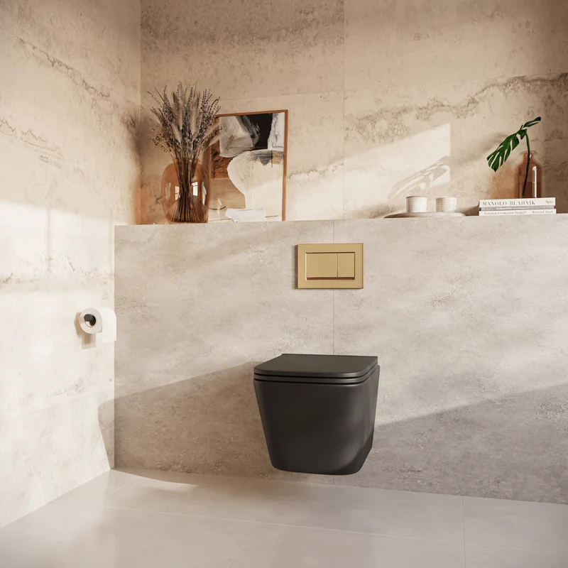 Hangtoilet met Inbouwreservoir - Vierkant Zwart - Drukplaat Vierkant Goud - Linea