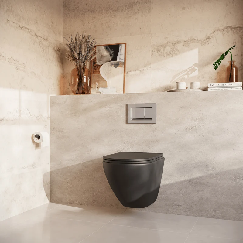 Hangtoilet met Inbouwreservoir - Rond Zwart - Drukplaat Vierkant Chroom - Linea
