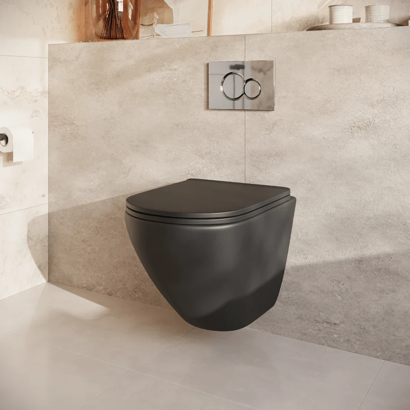 Hangtoilet met Inbouwreservoir - Rond Zwart - Drukplaat Rond Chroom - Linea