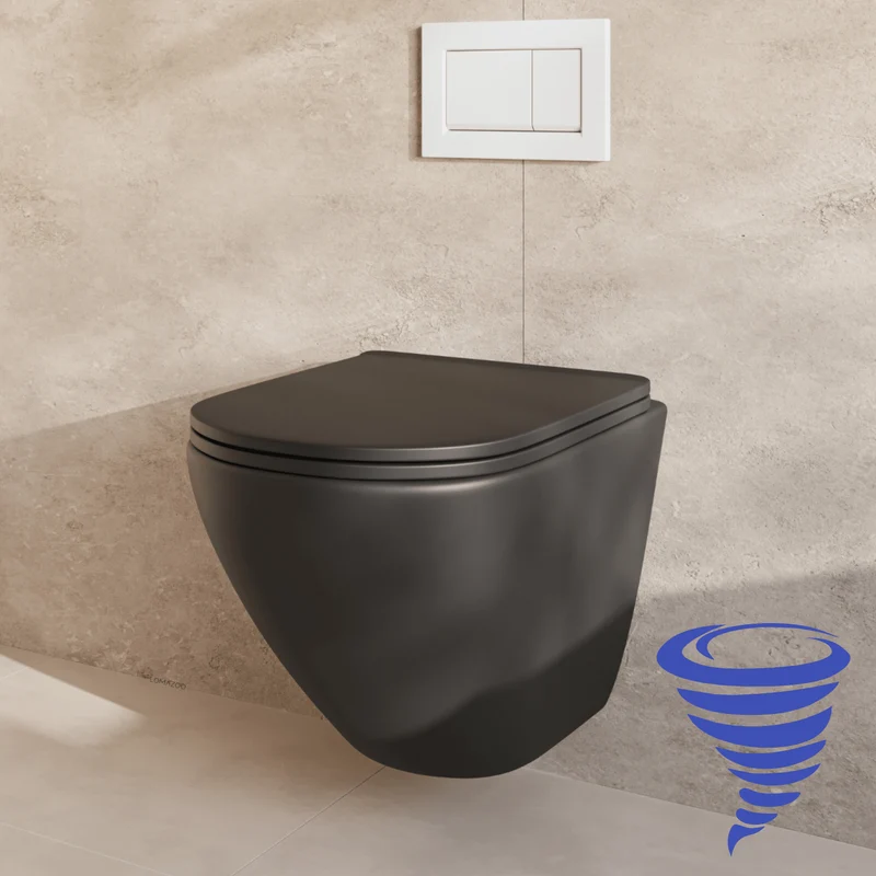 Hangtoilet met Inbouwreservoir - Rond Zwart - Drukplaat Vierkant Wit - Linea