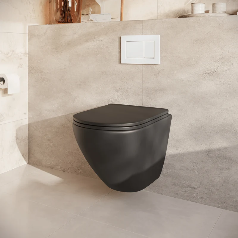 Hangtoilet met Inbouwreservoir - Rond Zwart - Drukplaat Vierkant Wit - Linea