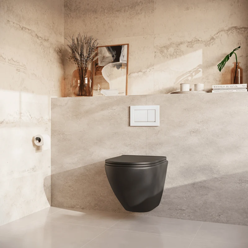 Hangtoilet met Inbouwreservoir - Rond Zwart - Drukplaat Vierkant Wit - Linea