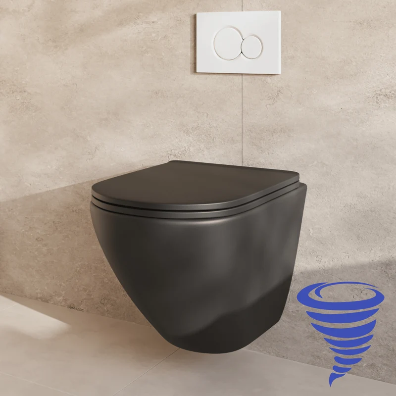 Hangtoilet met Inbouwreservoir - Rond Zwart - Drukplaat Rond Wit - Linea