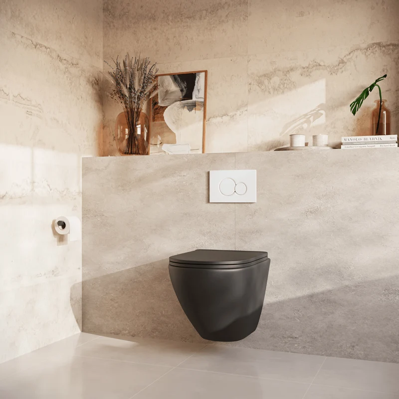 Hangtoilet met Inbouwreservoir - Rond Zwart - Drukplaat Rond Wit - Linea