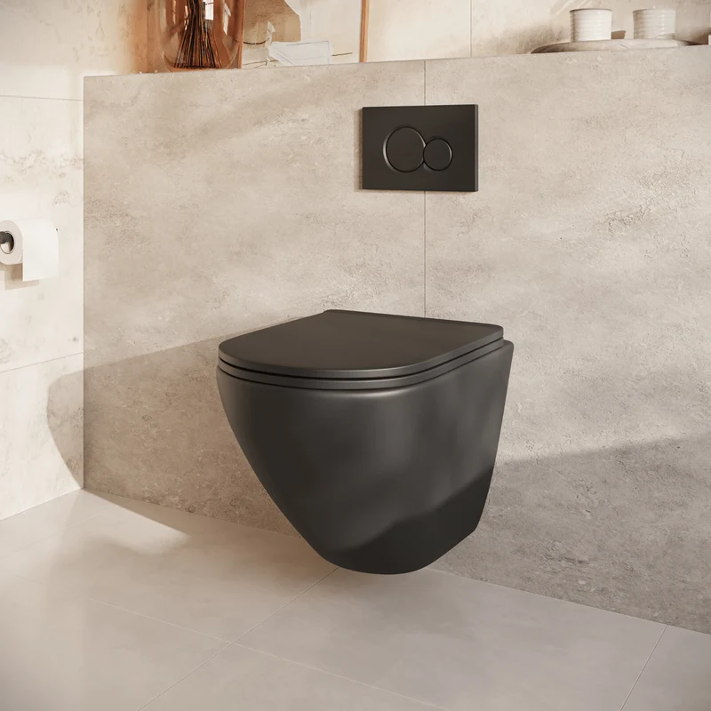 Hangtoilet met Inbouwreservoir - Rond Zwart - Drukplaat Rond Zwart - Linea