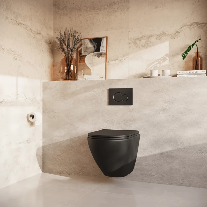 Hangtoilet met Inbouwreservoir - Rond Zwart - Drukplaat Rond Zwart - Linea
