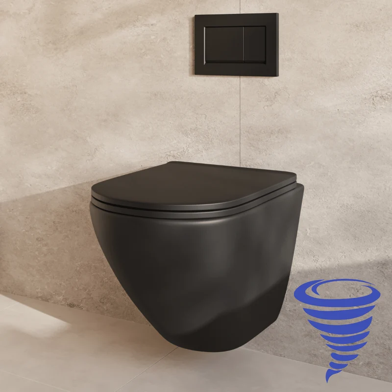 Hangtoilet met Inbouwreservoir - Rond Zwart - Drukplaat Vierkant Zwart - Linea