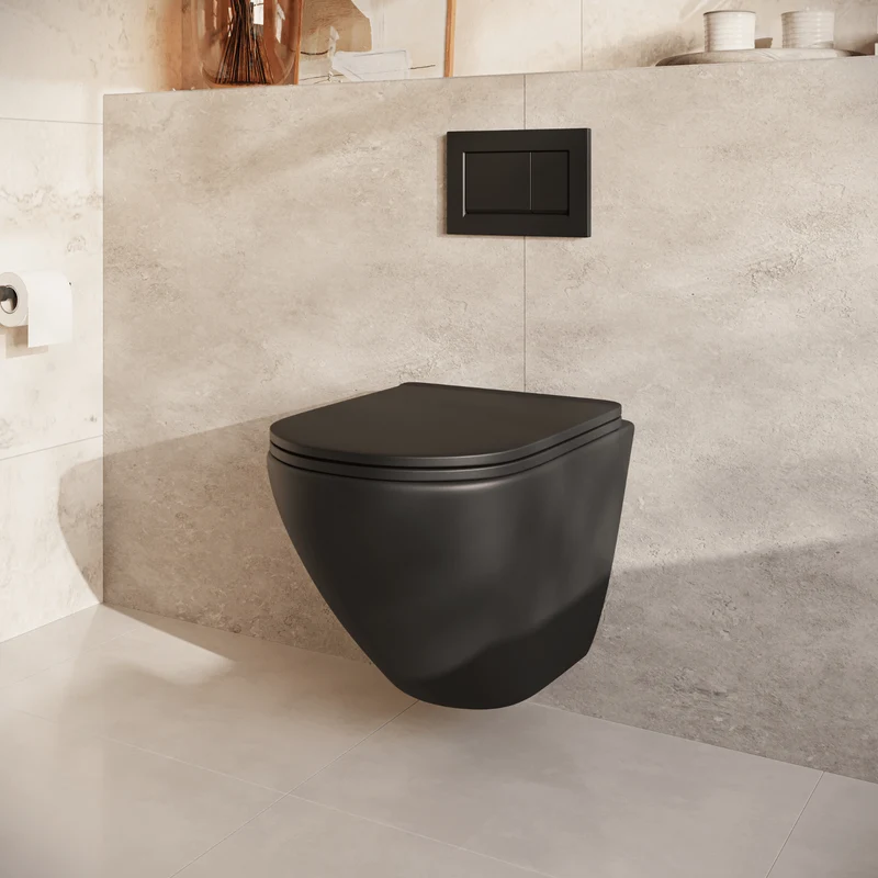 Hangtoilet met Inbouwreservoir - Rond Zwart - Drukplaat Vierkant Zwart - Linea