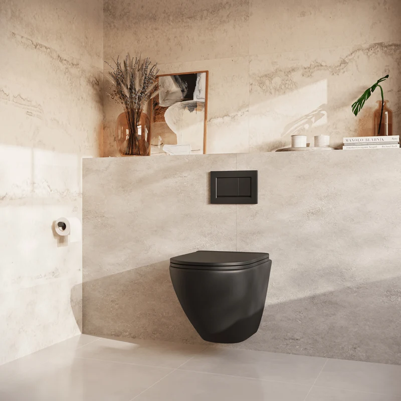 Hangtoilet met Inbouwreservoir - Rond Zwart - Drukplaat Vierkant Zwart - Linea