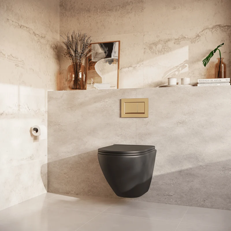 Hangtoilet met Inbouwreservoir - Rond Zwart - Drukplaat Vierkant Goud - Linea