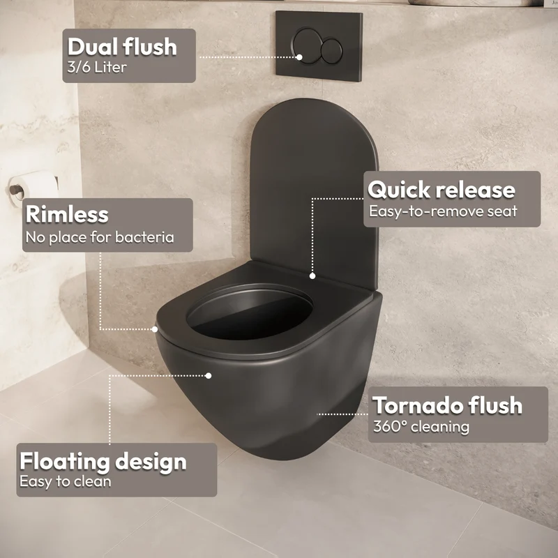 Hangtoilet met Inbouwreservoir - Rond Zwart - Drukplaat Vierkant Goud - Linea