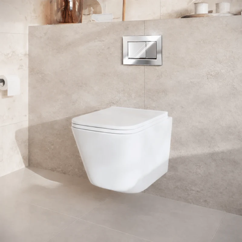 Hangtoilet met Inbouwreservoir - Vierkant Wit - Drukplaat Vierkant Chroom - Linea