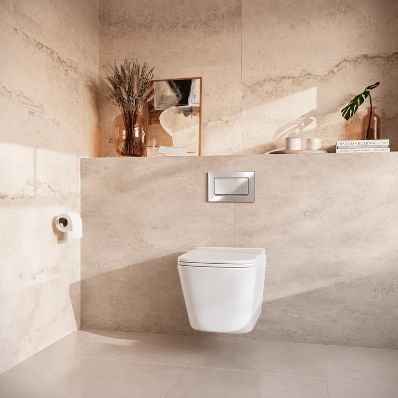 Hangtoilet met Inbouwreservoir - Vierkant Wit - Drukplaat Vierkant Chroom - Linea