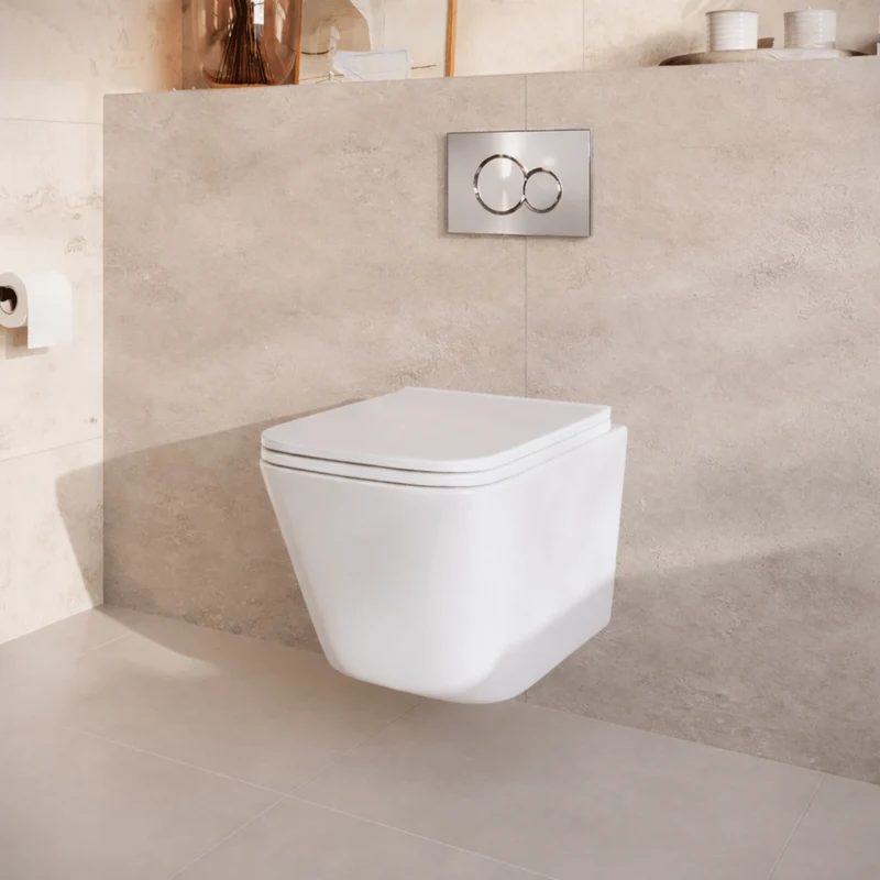 Hangtoilet met Inbouwreservoir - Vierkant Wit - Drukplaat Rond Chroom - Linea