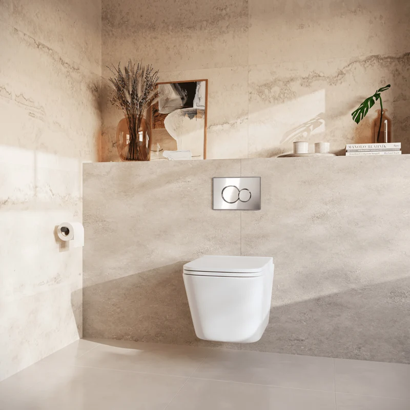 Hangtoilet met Inbouwreservoir - Vierkant Wit - Drukplaat Rond Chroom - Linea