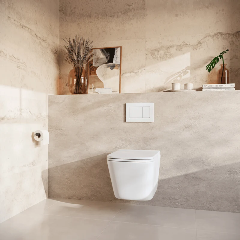 Hangtoilet met Inbouwreservoir - Vierkant Wit - Drukplaat Vierkant Wit - Linea